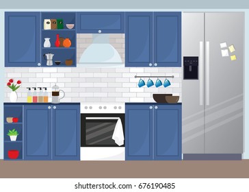 Illustration of modern kitchen interior design in blue color with kitchen equipment. Flat style vector.