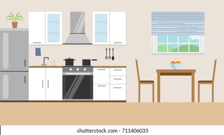 Illustration of modern kitchen interior design in blue color with kitchen equipment, window, table and chairs. Flat style vector illustration.