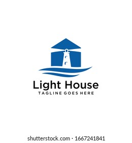 Illustration modern of light house logo design near the beach as a sign of land.