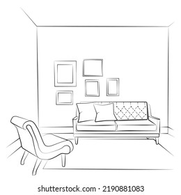Illustration of a modern living room interior. Lounge seating area with sofa and pillows, coffee table, potted plants, bookshelf and picture on the wall.