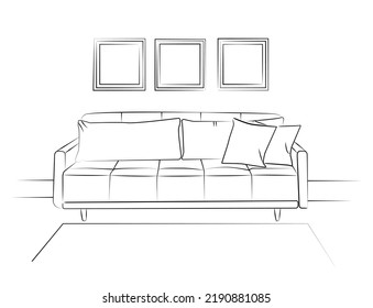 Illustration of a modern living room interior. Lounge seating area with sofa and pillows, coffee table, potted plants, bookshelf and picture on the wall.