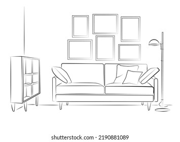 Illustration of a modern living room interior. Lounge seating area with sofa and pillows, coffee table, potted plants, bookshelf and picture on the wall.