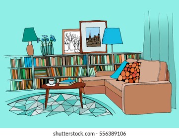 Illustration of a modern living room interior with a sofa, pillows, small coffee table, bookshelf with a lot of books, lamps, pictures and a vase.Vector design.
