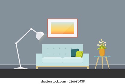 Illustration of modern living room with sofa, torchere and coffee table. Lounge concept interior with classic furniture . Flat design, minimalist style. Vector illustrator - 10 EPS - for your project