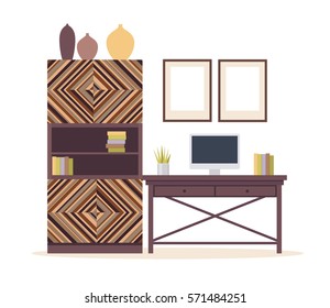 Illustration of a modern living room with a wardrobe and a Desk. Interior with classic furniture. Flat design. Vector Illustrator.