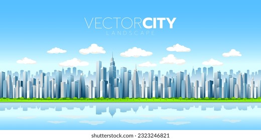 Illustration of a modern metropolis by the water, skyscrapers, blue sky and clean clouds. vector illustration