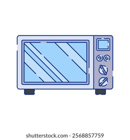 An illustration of a modern microwave oven, showcasing detailed control knobs, buttons, and a digital display. The sleek design with blue and gray shades makes it an ideal representation for household