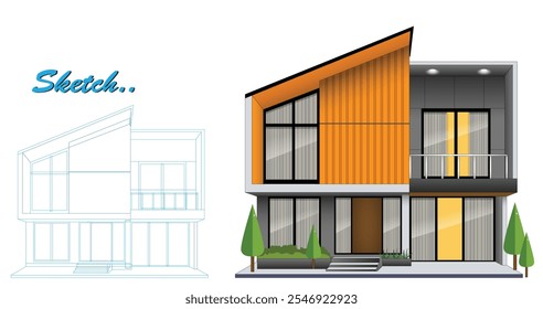 Ilustração de design de casa minimalista moderno com características sustentáveis  