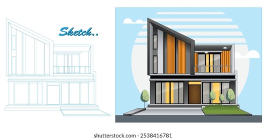 An Illustration of Modern Minimalist Template House Design with Blueprint Sketch, featuring a clean and contemporary two-story structure.  