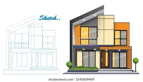 An Illustration of Modern Minimalist Template House Design with Blueprint Sketch, featuring a clean and contemporary two-story structure
