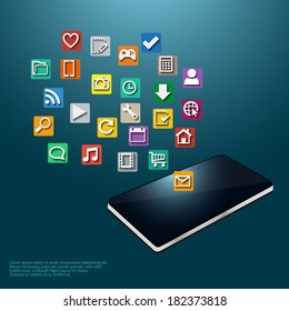Illustration of a modern mobile phone with cloud of colorful icons for applications and business vector