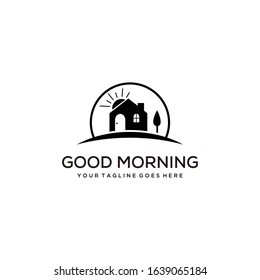 Illustration modern morning sun and house vector logo design template