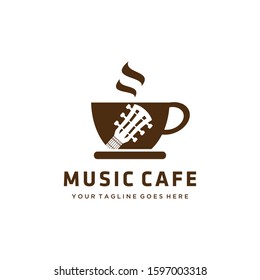 Illustration modern music cafe with guitar music on cup coffee vector logo design