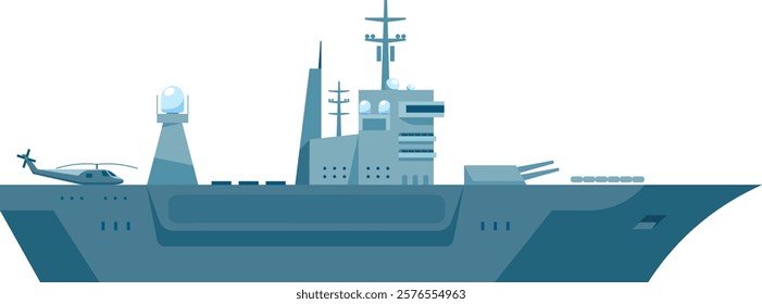 Illustration of a modern naval warship featuring a helicopter on the deck, advanced radar systems, and artillery. The vessel showcases sleek design and military technology