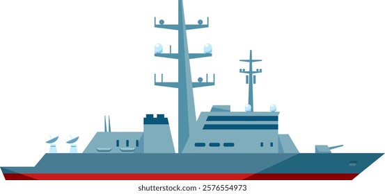 Illustration of a modern naval warship featuring advanced radar systems and communication equipment. The vessel is designed for maritime defense and military operations