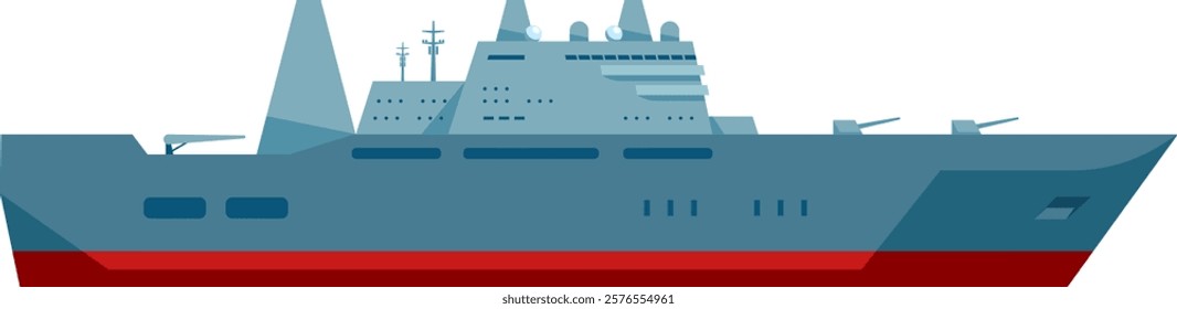 Illustration of a modern naval warship showcasing advanced design and technology. The vessel features sleek lines, radar equipment, and weaponry, emphasizing maritime security capabilities