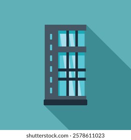 Illustration of a modern office building with blue windows casting a long shadow on a turquoise background