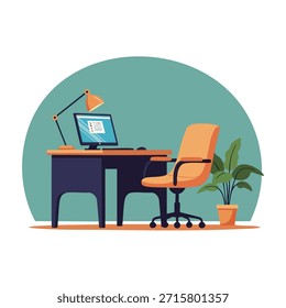 Ilustración de un escritorio de oficina moderno con una computadora, lámpara y silla
