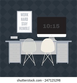 Illustration of modern office workspace. Flat minimalistic style. Creative office workspace. 