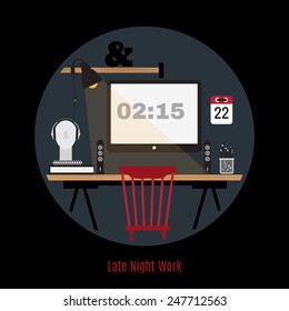 Illustration of modern office workspace. Flat minimalistic style. Creative office workspace. Work at night. Freelance night. Late night working. Home office.