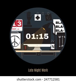 Illustration of modern office workspace. Flat minimalistic style. Creative office workspace. Work at night. Freelance night. Late night working. Home office.