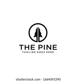 Illustration Modern Pine Tree On Circle Logo Design Vector Silhouette.