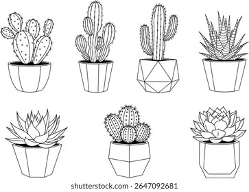 Ilustração de cactos e suculentos em vasos modernos é uma ilustração de arte em preto e branco minimalista que mostra uma variedade de cactos em vasos e suculentos que são perfeitos para adicionar um toque de natu