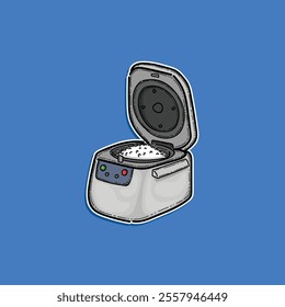 Illustration of a Modern Rice Cooker Open Lid and Cooked Rice on a Blue Background. Perfect for themes related to kitchen appliances, food preparation, and culinary arts.