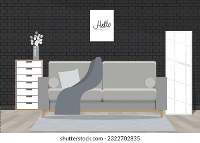 Illustration of Modern room interior with big mirror and stylish sofa near dark wall