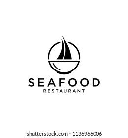 Illustration modern seafood restaurant menu with sailboat and soup bowl logo design