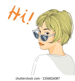 Illustration of modern short hair women wearing fashion glasses.Vector cartoon characters, lady, minimal style.