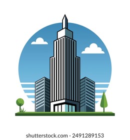 An illustration of a modern skyscraper, featuring a tall central building flanked by two smaller buildings. The image is set against a blue sky with clouds, and a green foreground with trees, represen