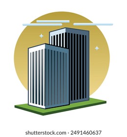 An illustration of a modern skyscraper, featuring a tall central building flanked by two smaller buildings. The image is set against a blue sky with clouds, and a green foreground with trees, 