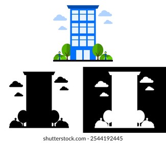 Illustration of modern skyscrapers office, hotel, apartment building with glass facades, symbolizing urban architecture and development