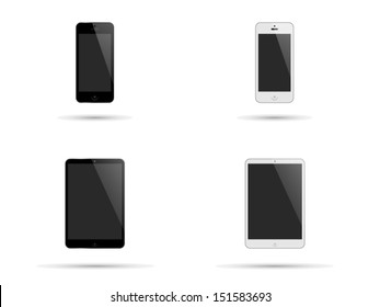 Illustration of modern smartphones and tablets with black and white surrounds and blank screens with copyspace isolated on white