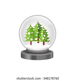 Illustration of modern snow globe with pine trees isolated on white background