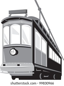 Illustration Of A Modern Streetcar Train Tram Viewed From A Low Angle On Isolated White Background Done In Retro Style.