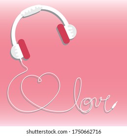 Illustration of modern style headphones, with a tangled cable forming the word love and a heart. Stationery decoration, digital printing, fabric printing, advertising, web.