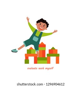 Illustration in modern style: small boy 
built a house of cubes. Montessori principles: evaluate work myself.
