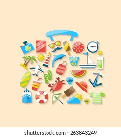 Illustration modern of suitcase is made from a set flat icons of travel on holiday journey, long shadow design - vector