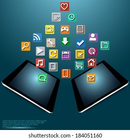 Illustration of modern Tablet PC with cloud of colorful icons for applications and business vector