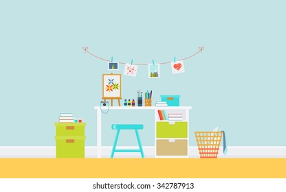 Illustration of modern teenager artist room interior with furniture, brushes and drawing easel. Art-working process. Icons set. Flat design. Minimalistic style. Vector. 