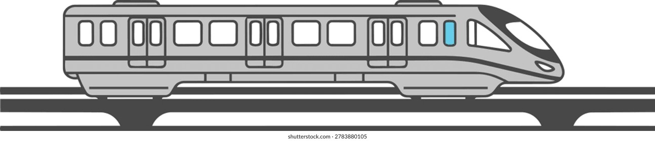 Illustration of a modern train on tracks, featuring a sleek design and multiple windows.