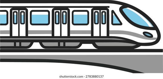 Illustration of a modern train on tracks, showcasing transportation and travel. Clean design with a focus on speed and efficiency.