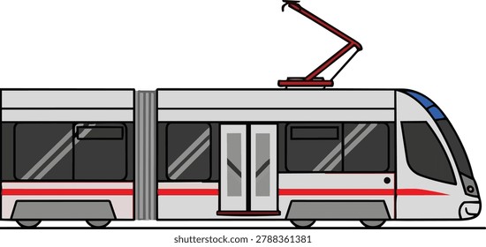 Illustration of a modern tram, showcasing its design, functionality, and role in public transportation with overhead power.