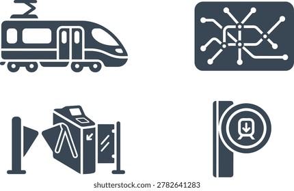 Illustration of a modern tram system with ticket barriers and a transit map in a city setting