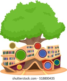 Illustration of a Modern Tree House Equipped with a Library with an Extensive Collection of Books