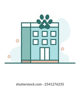 Illustration of a modern veterinary clinic featuring a prominent paw print icon, symbolizing animal healthcare and pet services. Ideal for representing veterinary services, pet care, and animal health