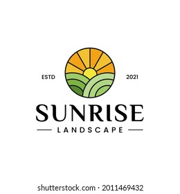 Illustration Modern Vintage Field Sunrise Landscape Logo Design.