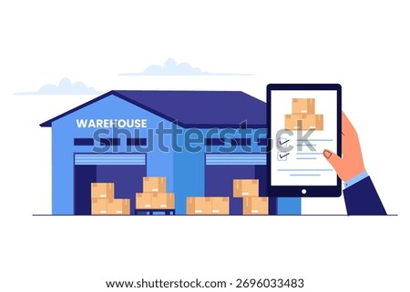 Illustration of Modern Warehouse Management System (WMS) Mobile App. Digital Inventory Control and Tracking Goods in Storage Building via Smartphone Technology